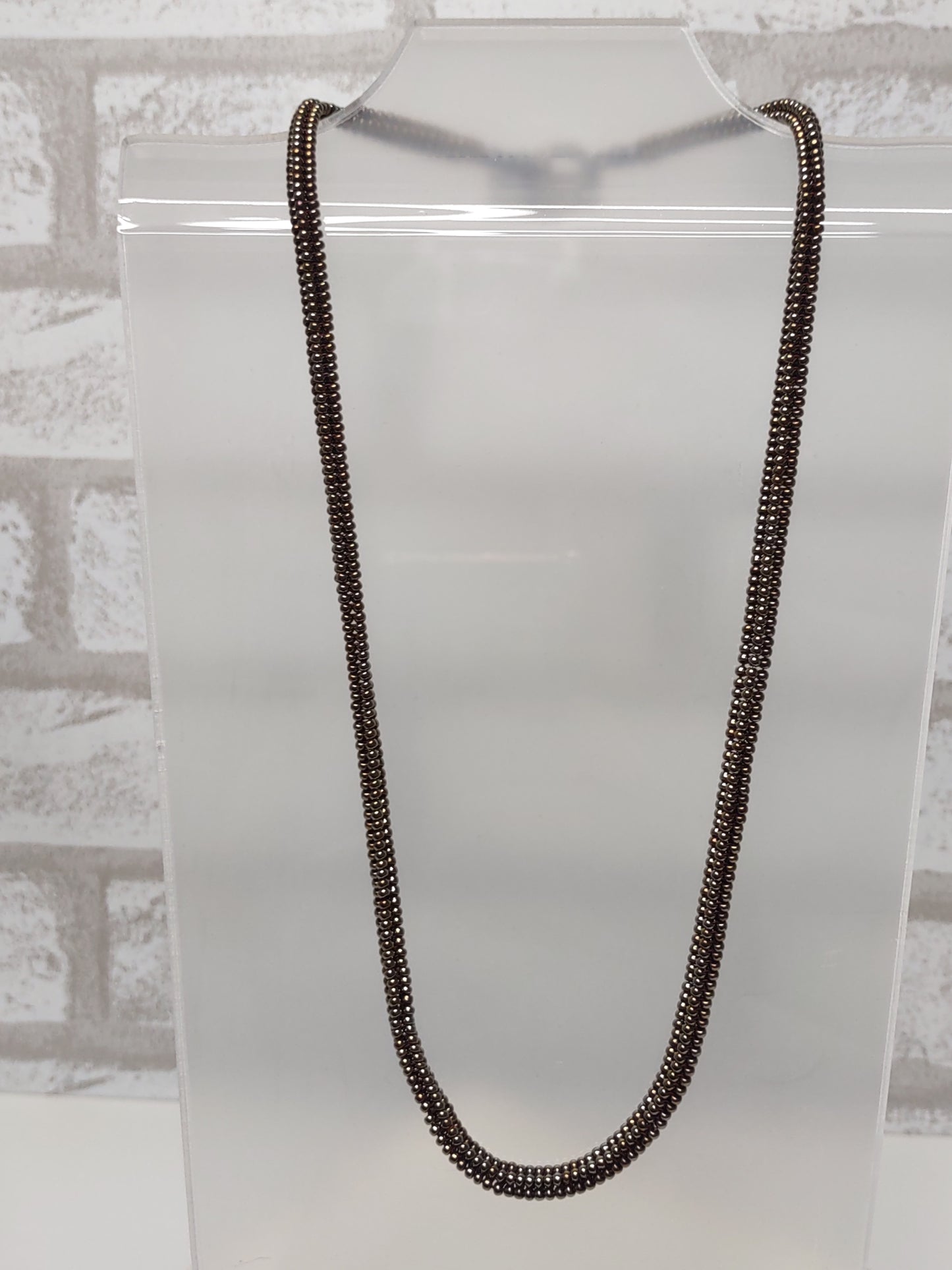 Metallic Bronze beaded Herringbone Necklace with Toggle clasp - zoomed out