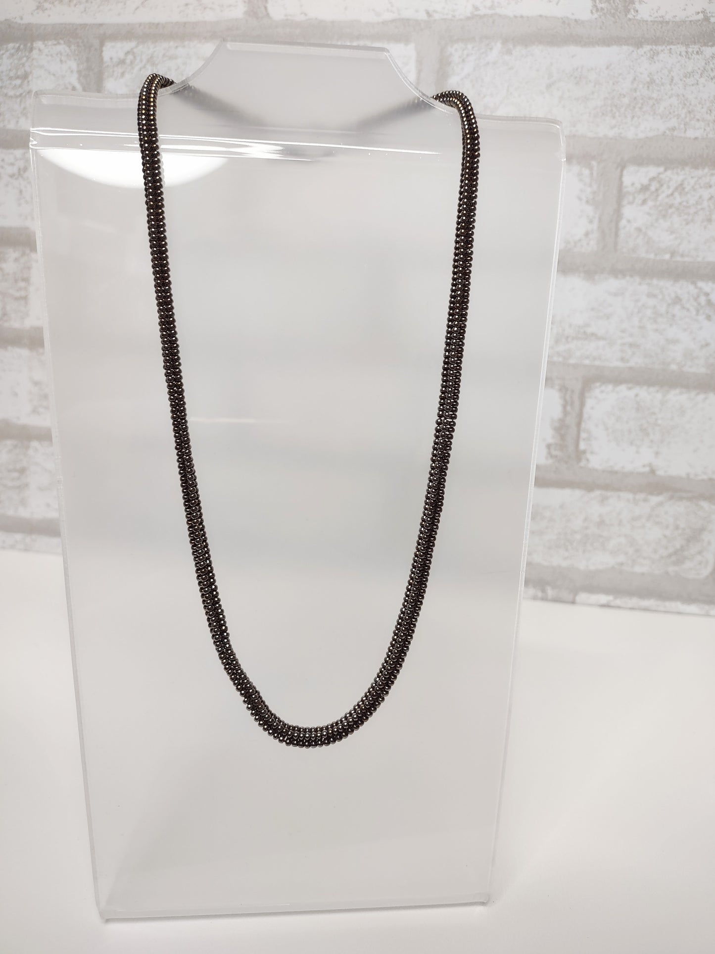Metallic Bronze beaded Herringbone Necklace with Toggle clasp - zoomed out