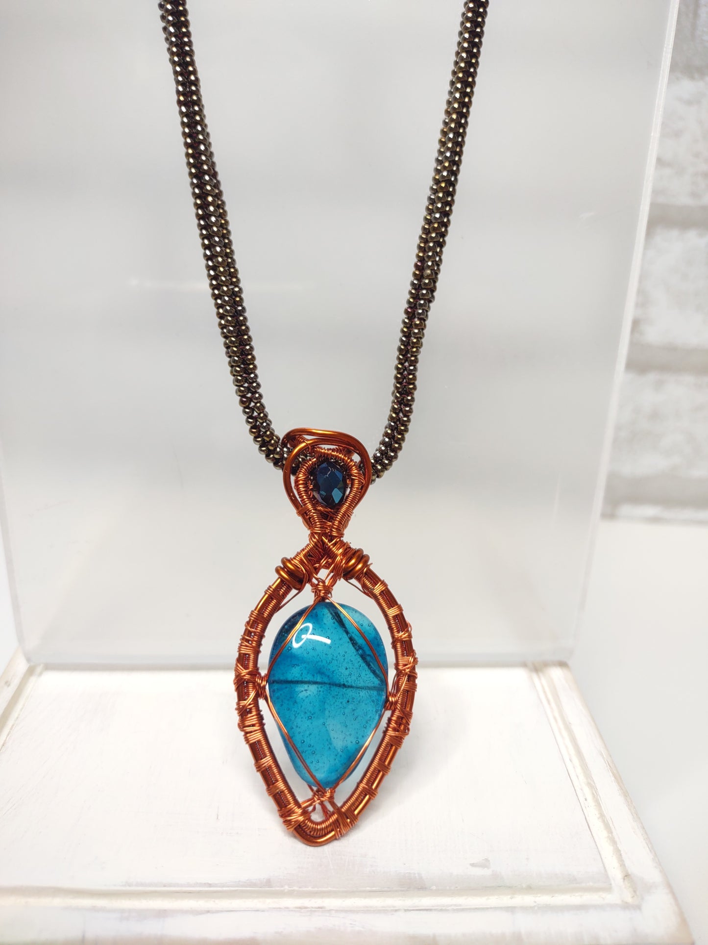 Metallic Bronze beaded Herringbone Necklace with Toggle clasp - shown with fire and ice orange and blue wire wrapped pendant, pendant not included
