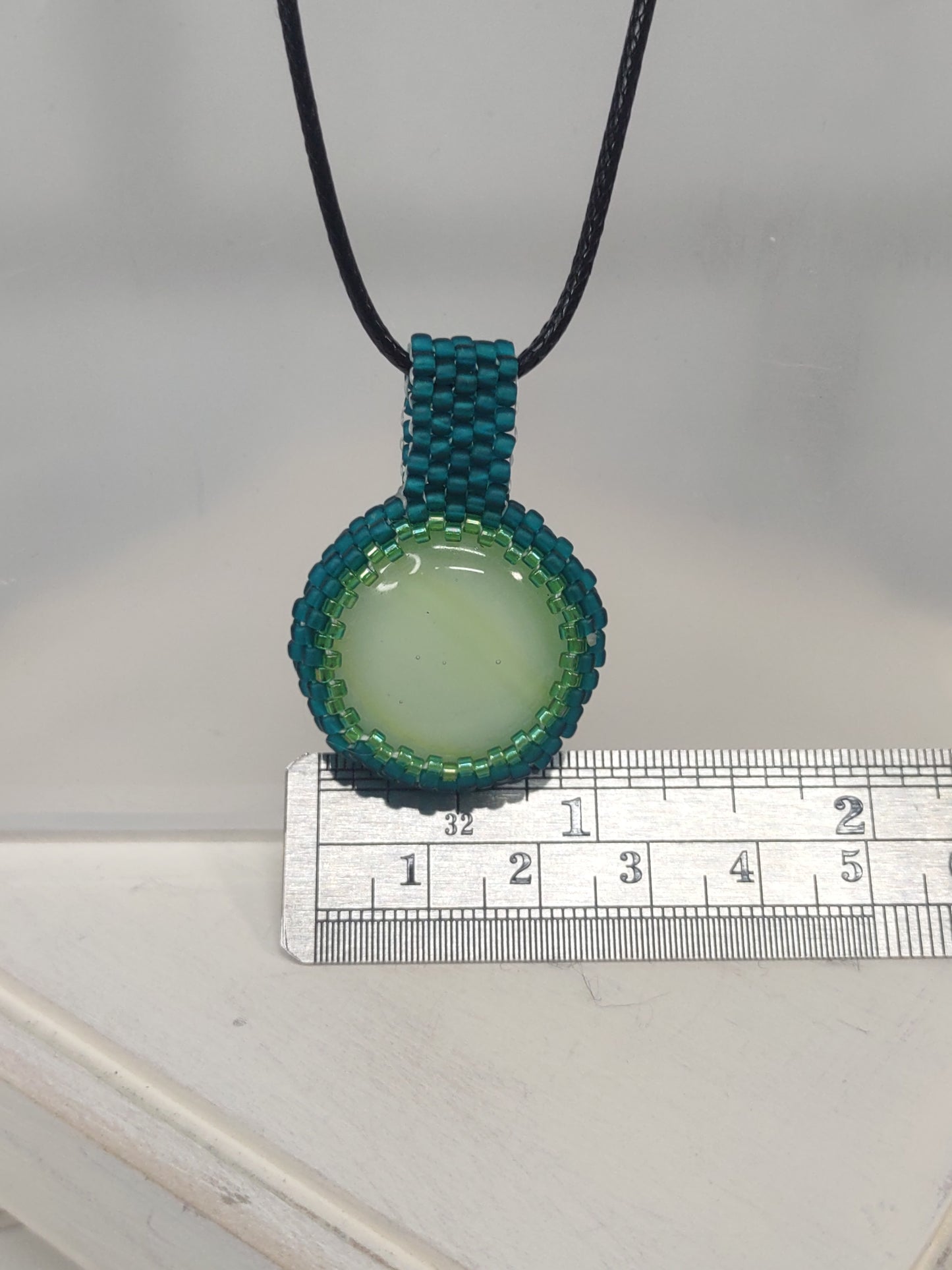 Green Cabochon with Teal Beading Pendant