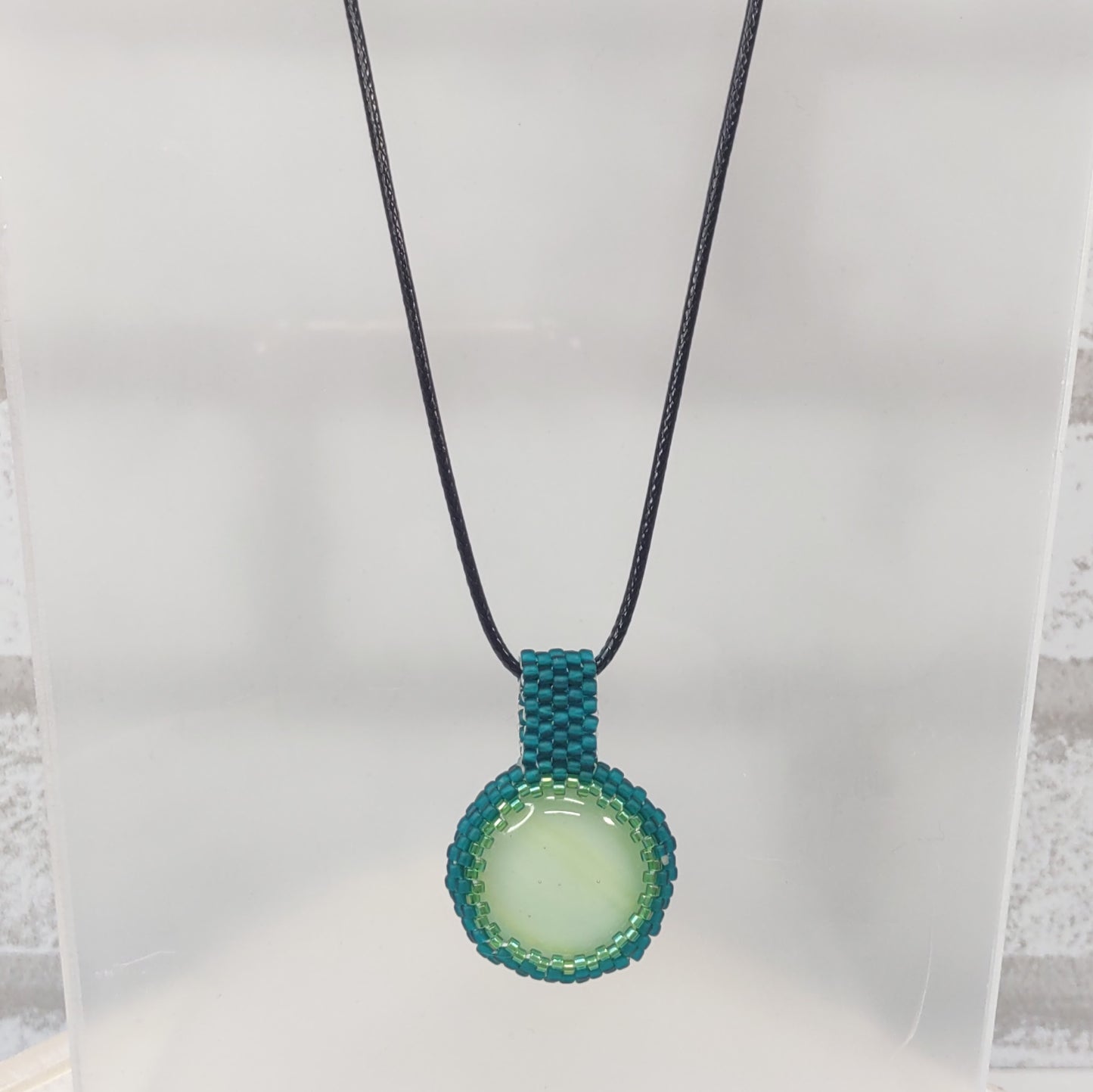 Green Cabochon with Teal Beading Pendant