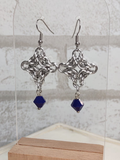 Diamond shaped byzantine chainmail earrings with a navy blue bicone drop bead - zoomed out