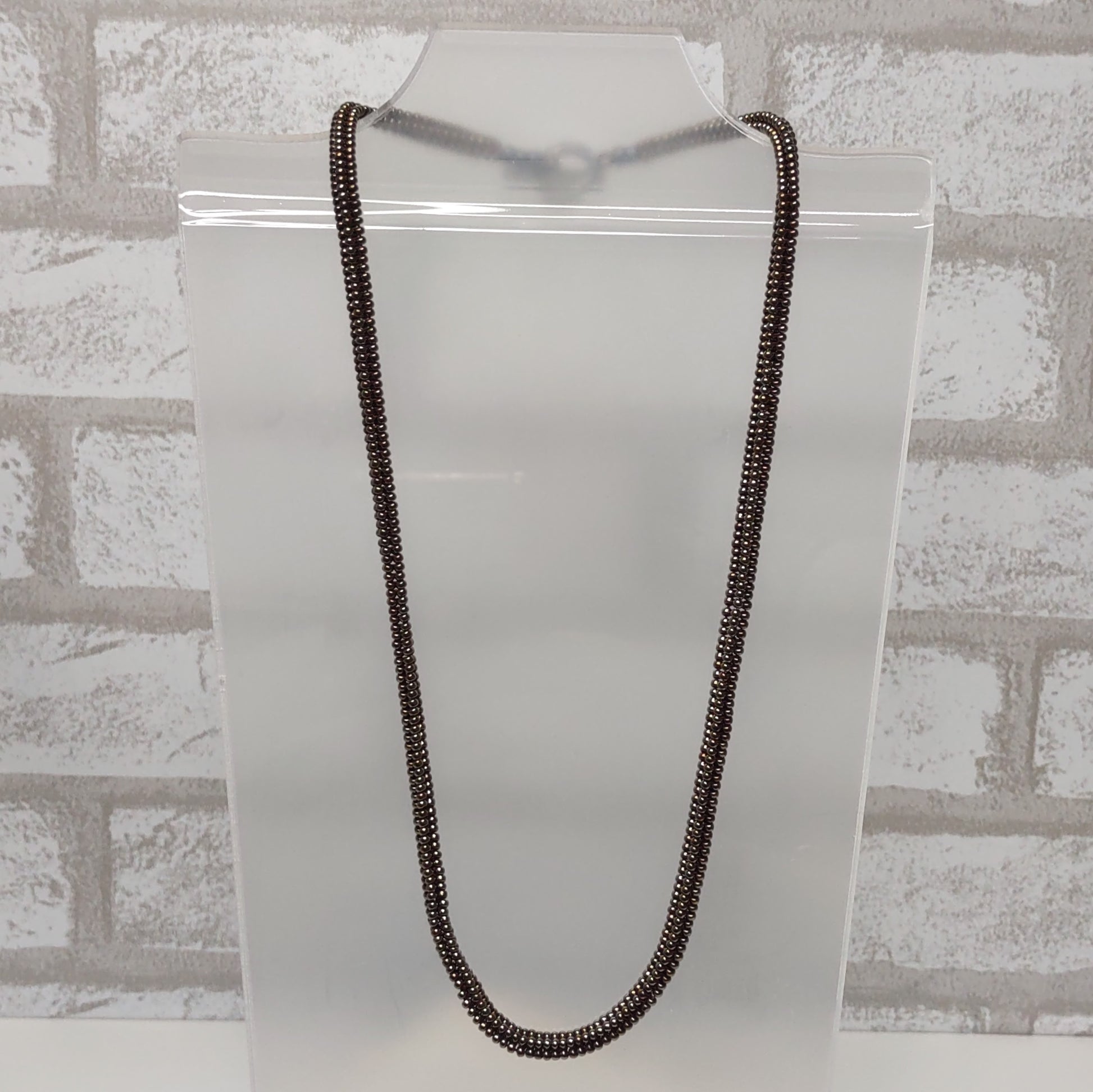 Metallic Bronze beaded Herringbone Necklace with Toggle clasp - close up