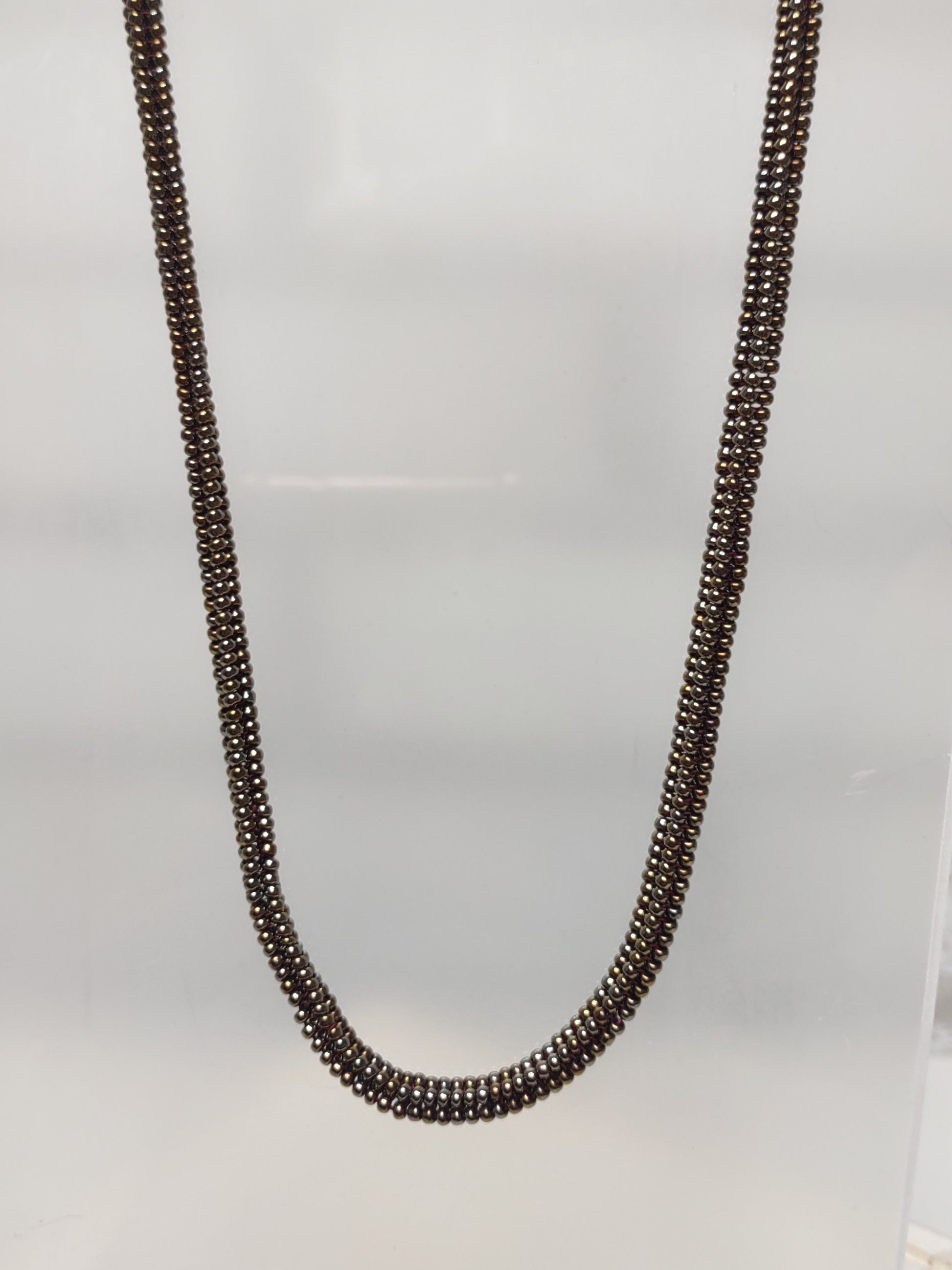 Metallic Bronze beaded Herringbone Necklace with Toggle clasp - close up