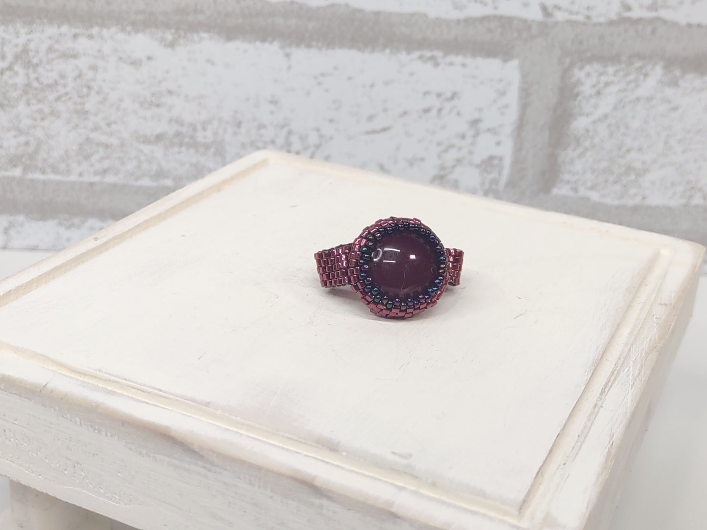 Red Glass and Bead Cocktail Ring