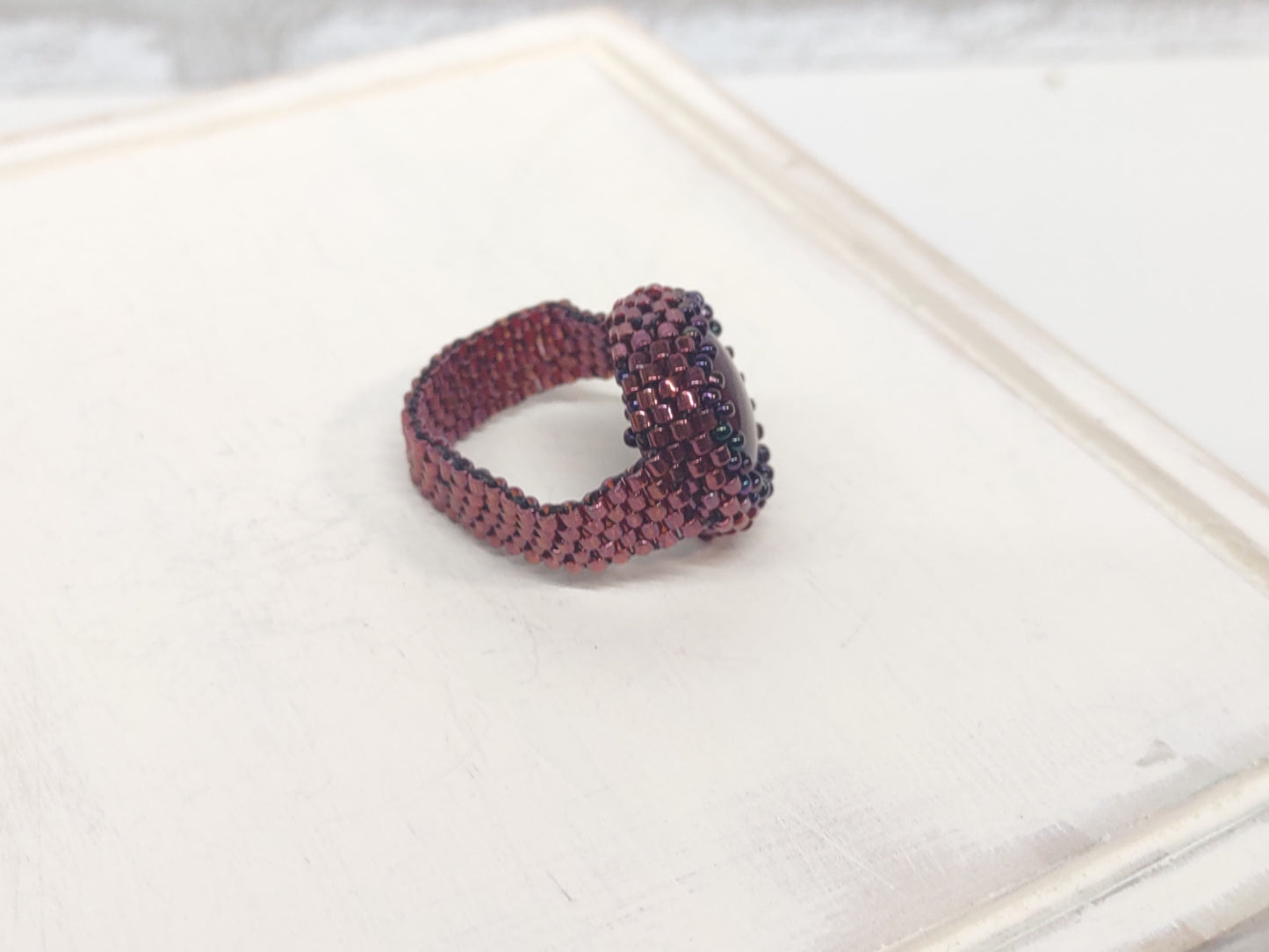 Red Glass and Bead Cocktail Ring