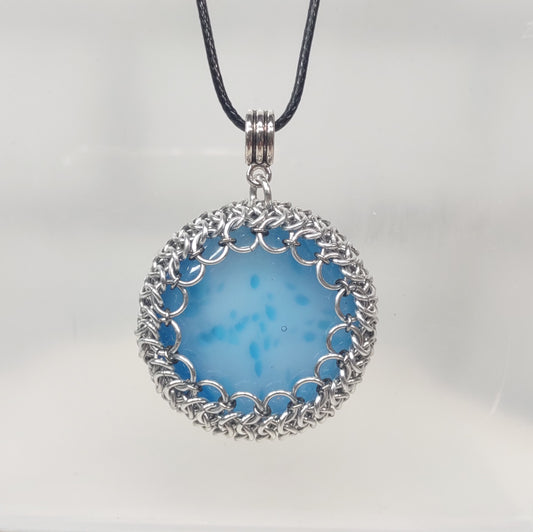 Blue Glass Cabochon wrapped in Chainmail