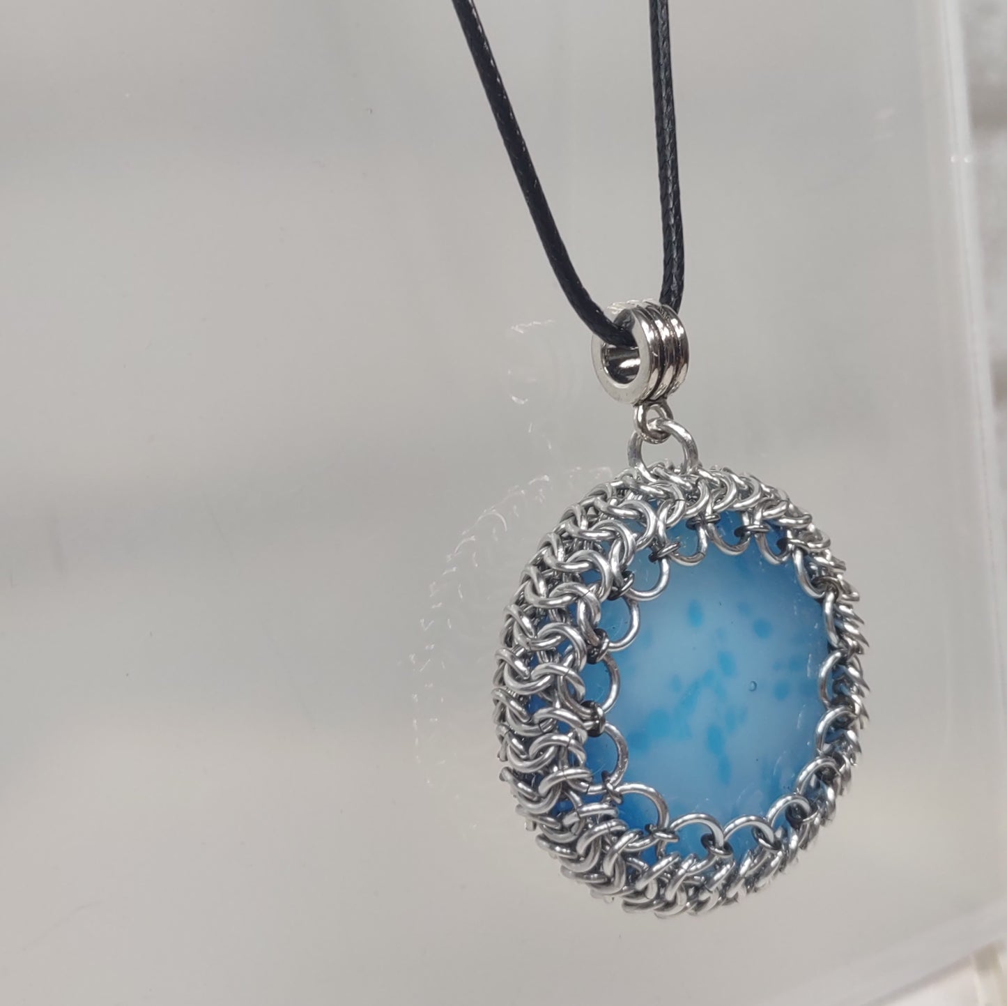 Blue Glass Cabochon wrapped in Chainmail