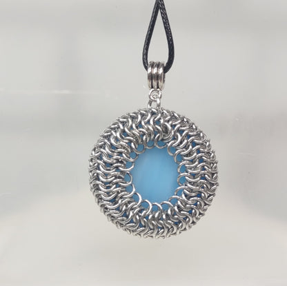 Blue Glass Cabochon wrapped in Chainmail