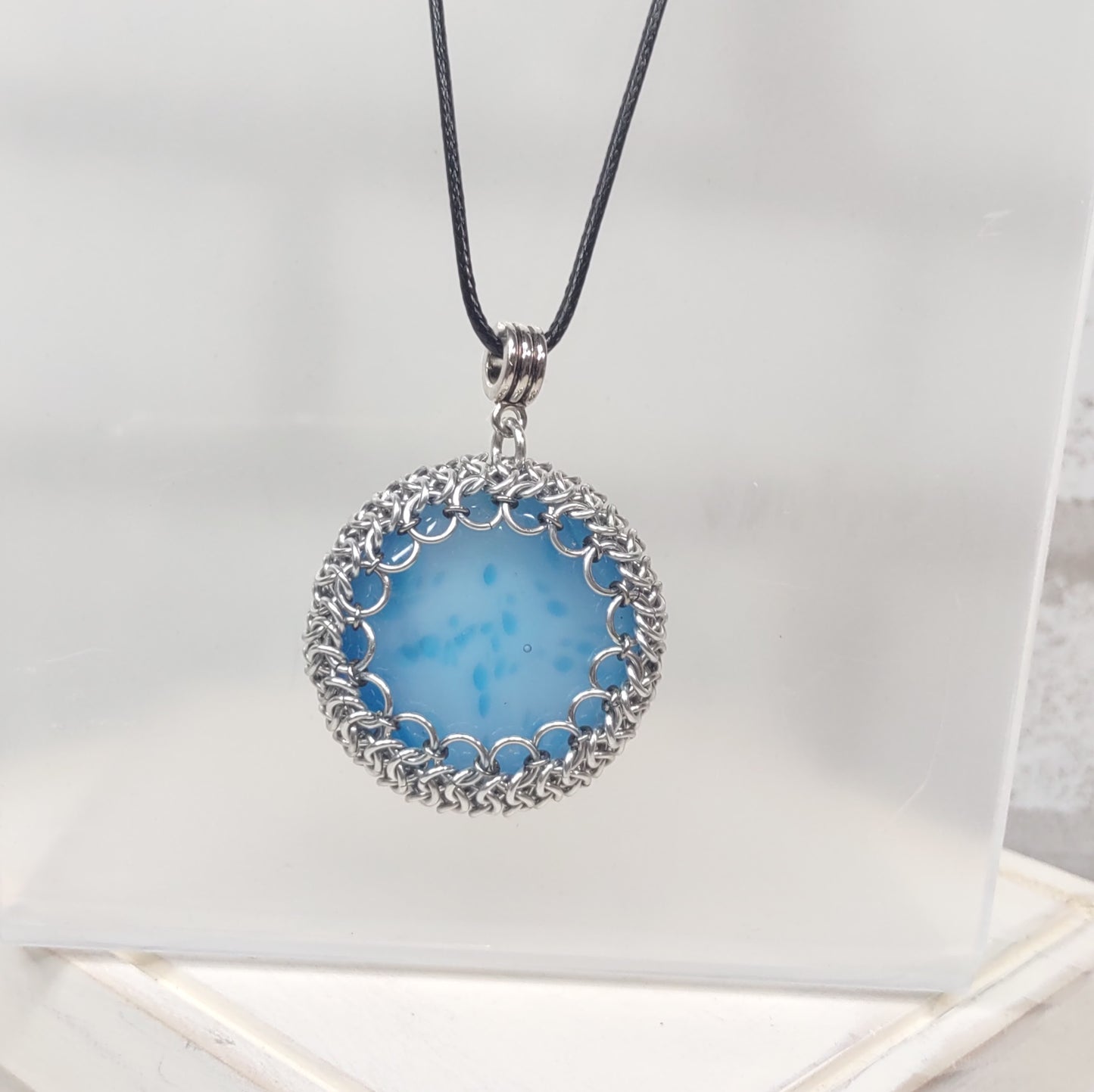 Blue Glass Cabochon wrapped in Chainmail