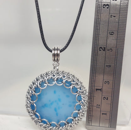 Blue Glass Cabochon wrapped in Chainmail