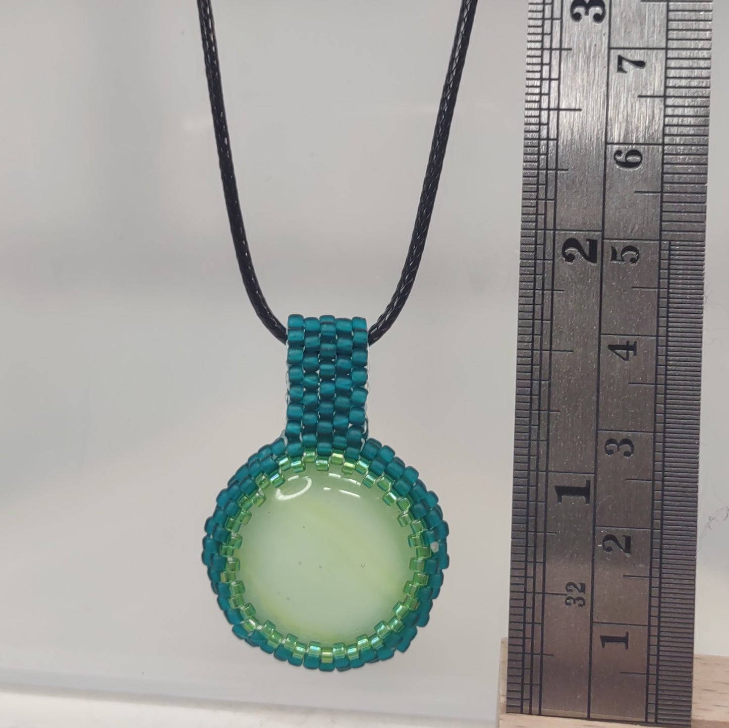 Green Cabochon with Teal Beading Pendant