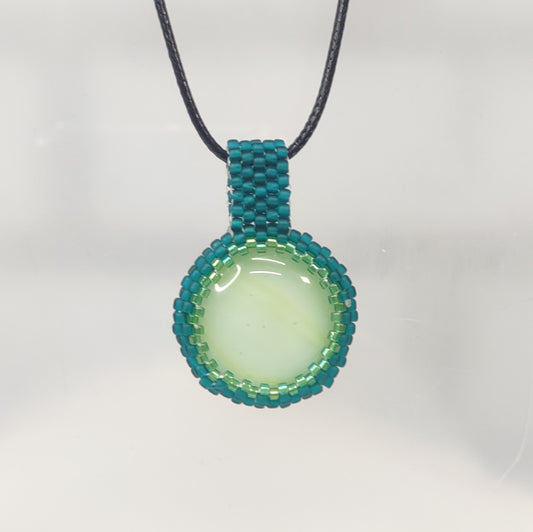 Front View Green Cab Pendant with Teal Beading