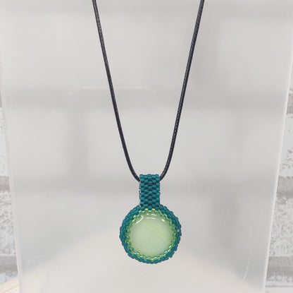 Green Cabochon with Teal Beading Pendant